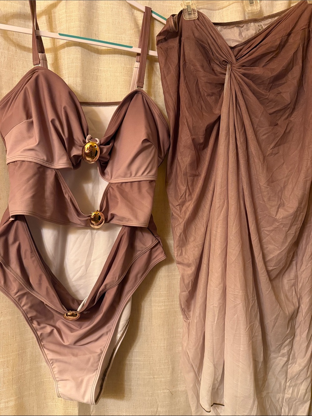 High-Rise Women’s Swim Panty in Mauve-Taupe with Gold Rings